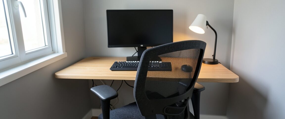 Małe biurko domowe ustawione bokiem do okna z ergonomicznym krzesłem na 4 m²