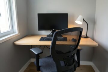 Małe biurko domowe ustawione bokiem do okna z ergonomicznym krzesłem na 4 m²